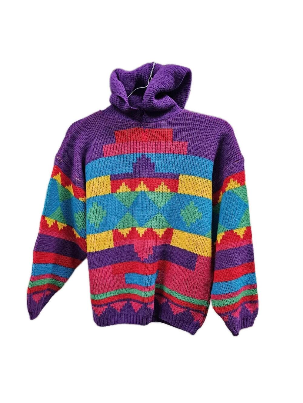 J.J. Poole Knit Hoodie USA Aztec Colorblock Pullover Rainbow Sweater Kidcore 90s